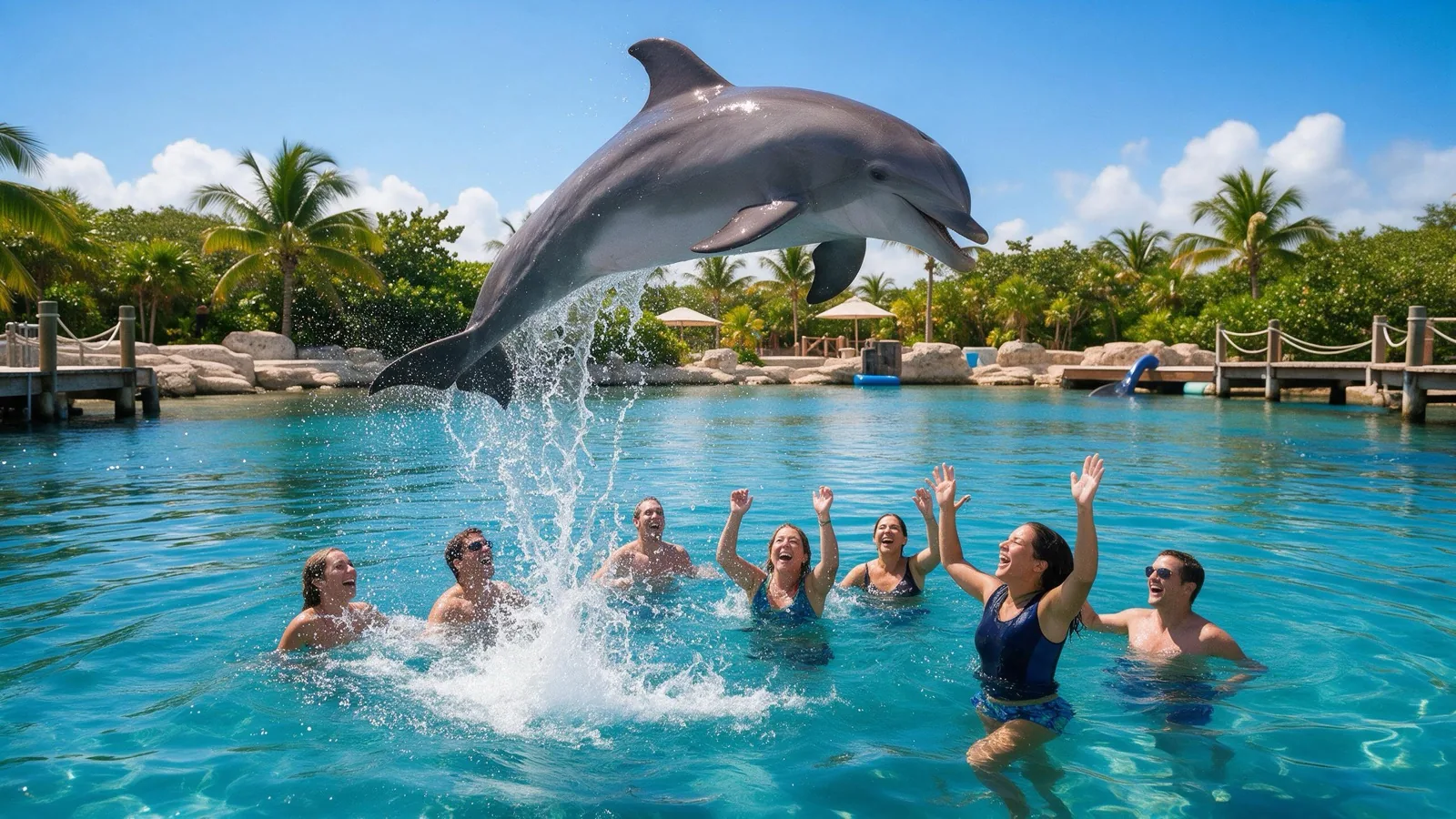 Delfín saltando en el delfinario · Tour a Cancún con Transtour