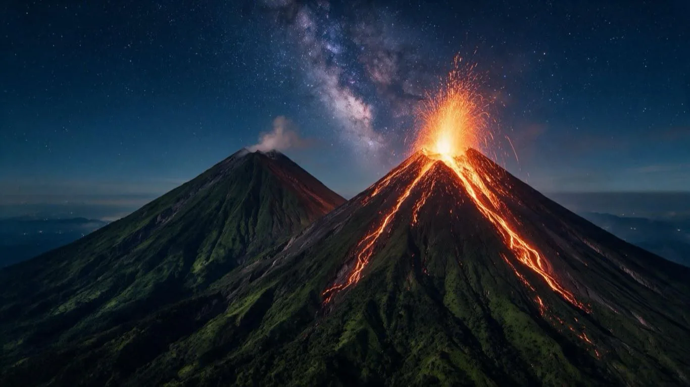 Volcán de Fuego en erupción de noche bajo un cielo estrellado · Tour a Guatemala con Transtour