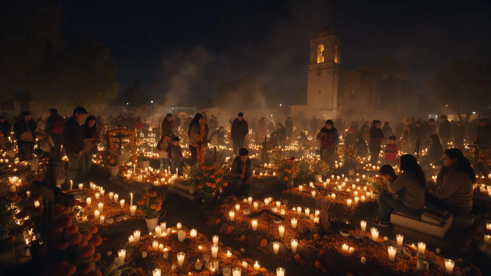 Cementerio de Mixquic iluminado con velas en Día de Muertos · Tour a México Día de Muertos con Transtour