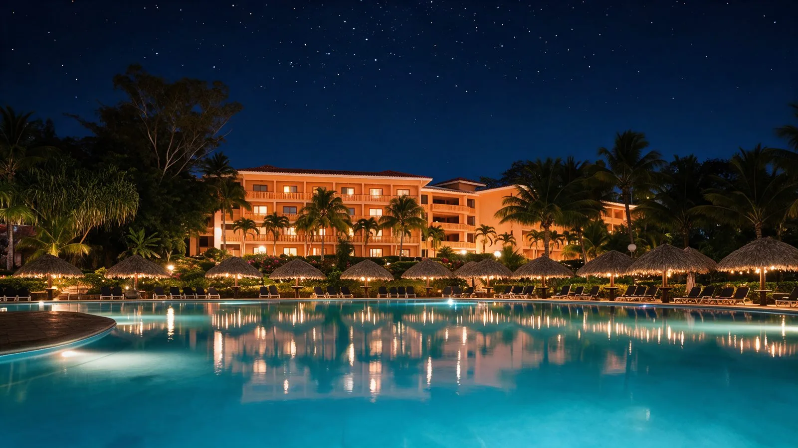 Piscina del Barceló Montelimar iluminada al anochecer · Tour a Nicaragua Montelimar con Transtour