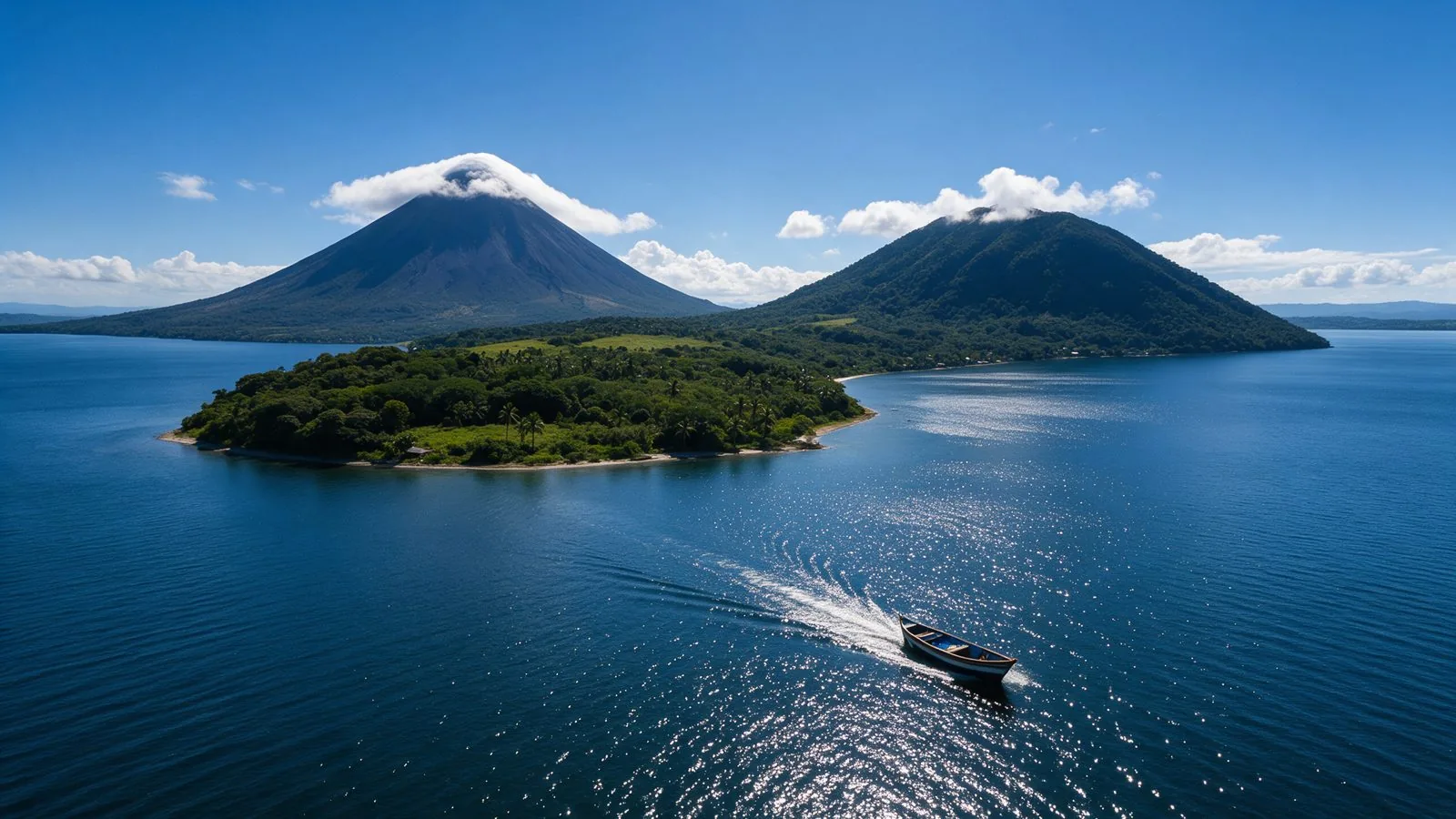 Isla de Ometepe y sus dos volcanes en el Lago de Nicaragua, vista aérea de día · Tour a Nicaragua Ometepe con Transtour