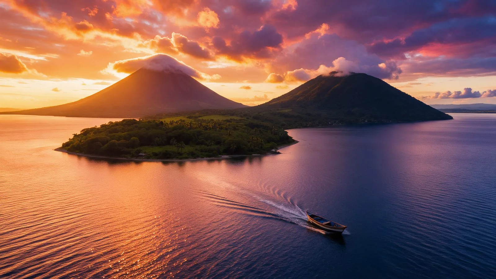 Atardecer sobre la Isla de Ometepe y los volcanes Concepción y Maderas · Tour a Nicaragua Ometepe con Transtour