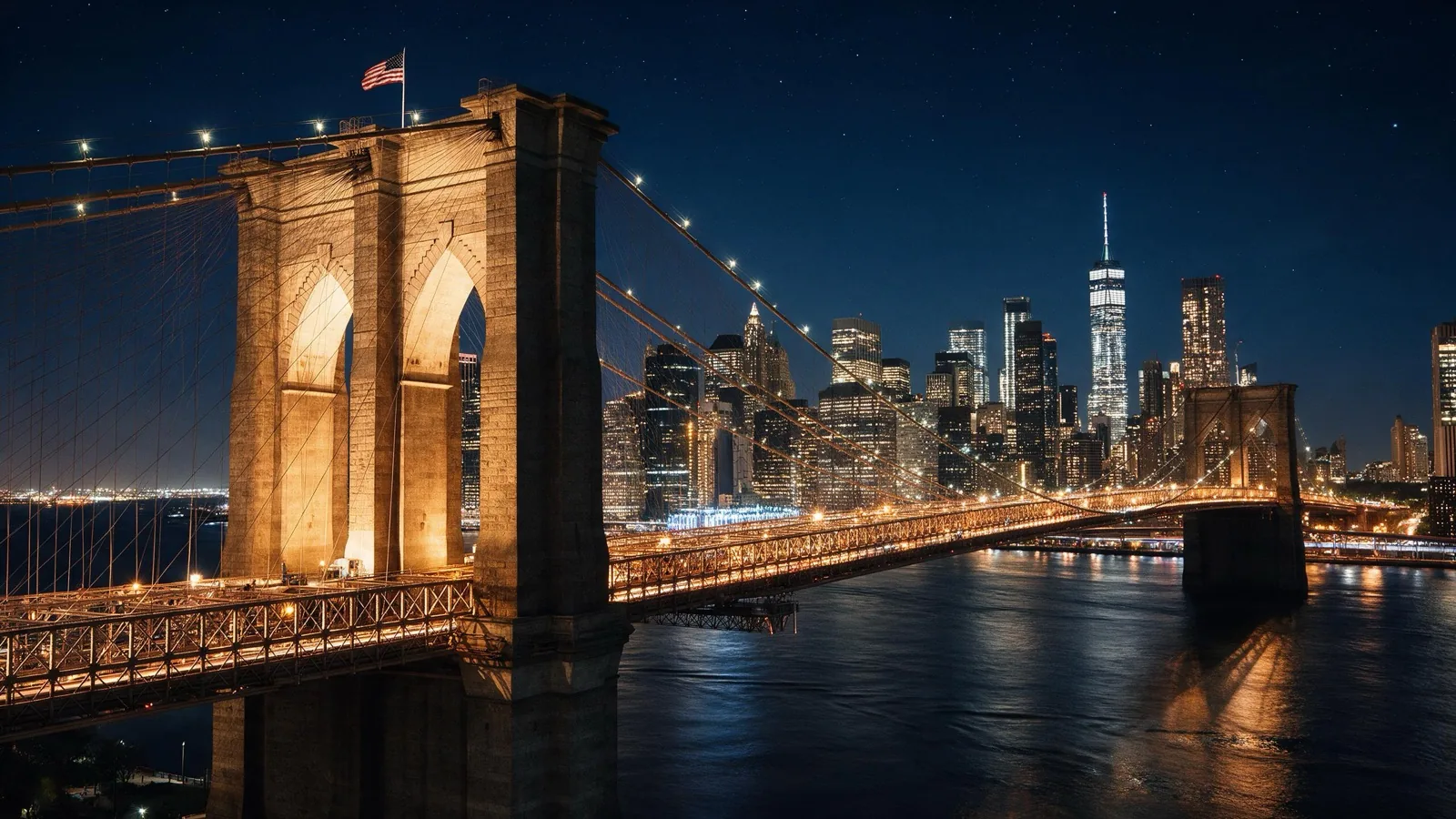 Puente de Brooklyn y Manhattan de noche iluminado · Tour a Nueva York con Transtour