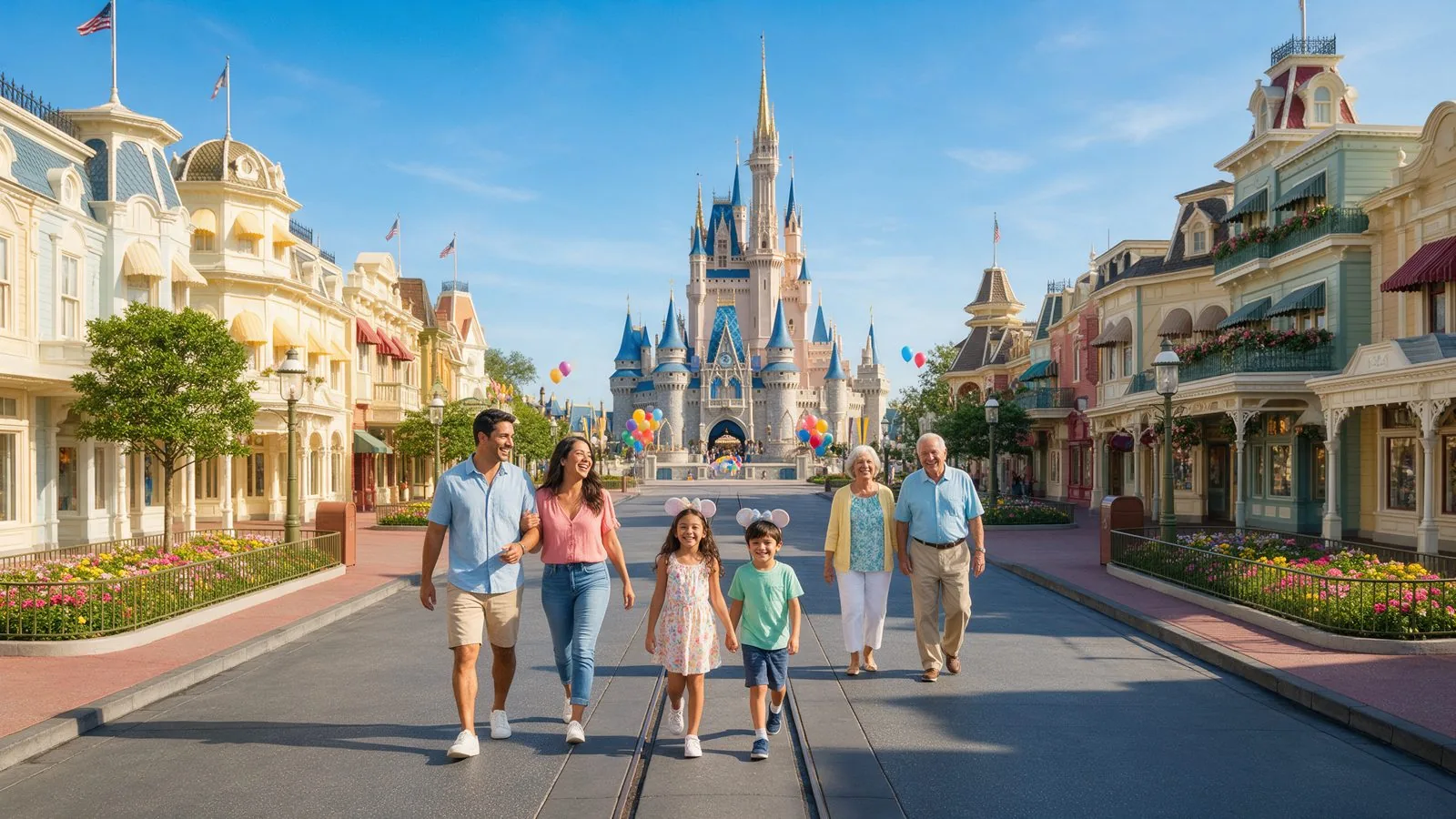 Familia caminando hacia el castillo de un parque temático en Orlando · Tour a Orlando · Disney y Universal con Transtour
