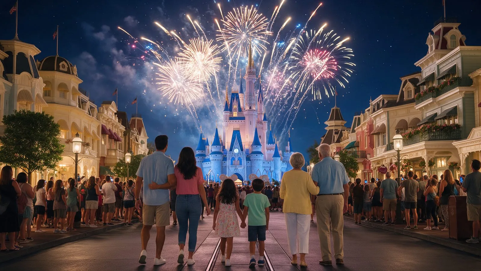 Fuegos artificiales sobre el castillo de un parque temático en Orlando · Tour a Orlando · Disney y Universal con Transtour