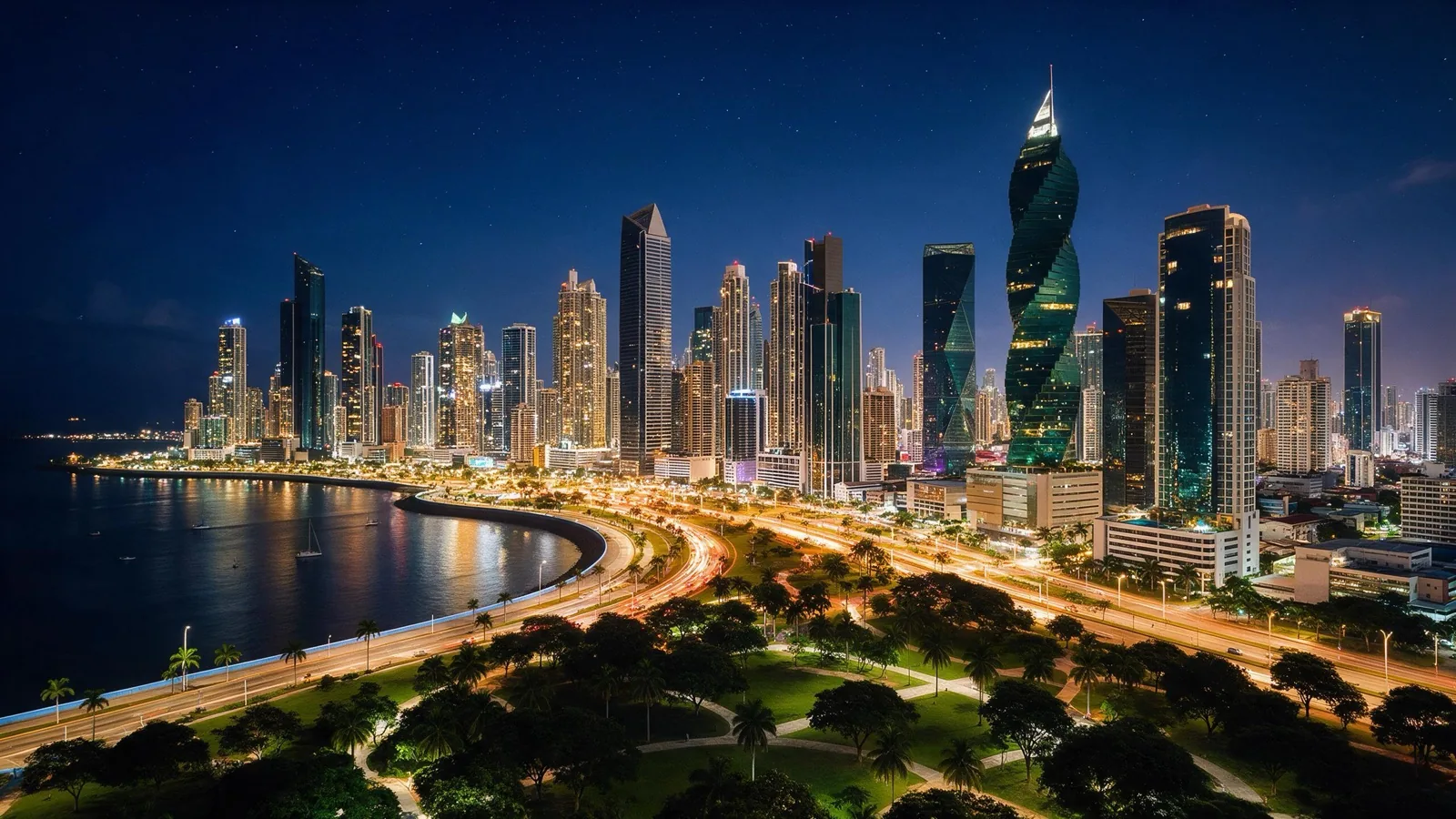 Skyline de la Ciudad de Panamá iluminado de noche · Tour a Panamá City con Transtour