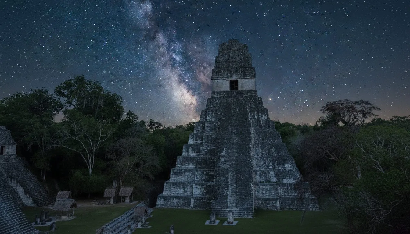 Templo del Gran Jaguar de Tikal bajo la Vía Láctea · Tour a Tikal · Guatemala Premium con Transtour